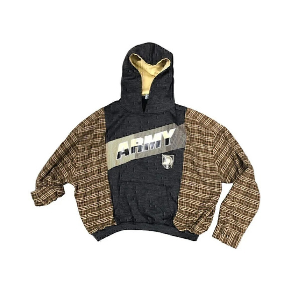 Upcycled army hoodie‎ reworked flannel oversized refashion black tan brown OOAK - Picture 1 of 1